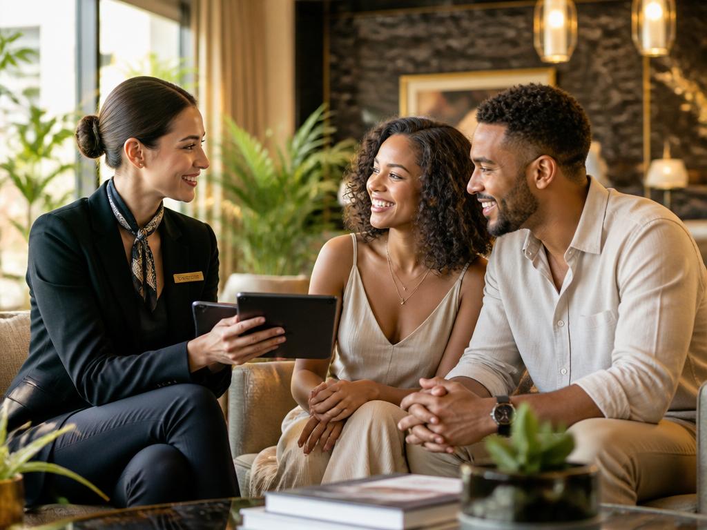 Friendly concierge showing a tablet to an excited couple in an elegant hotel lounge