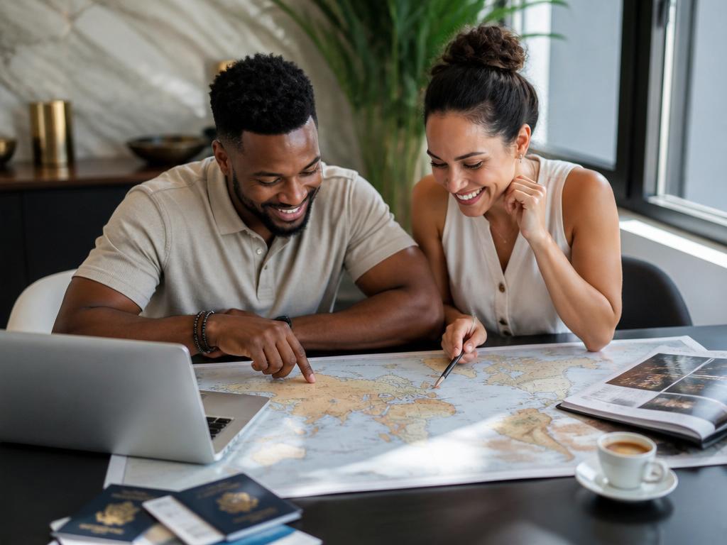 Smiling couple planning a luxury trip over a world map with passports and a laptop