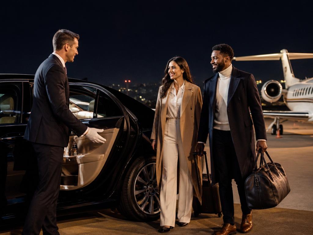Chauffeur greeting a happy couple at a private airport beside a luxury sedan