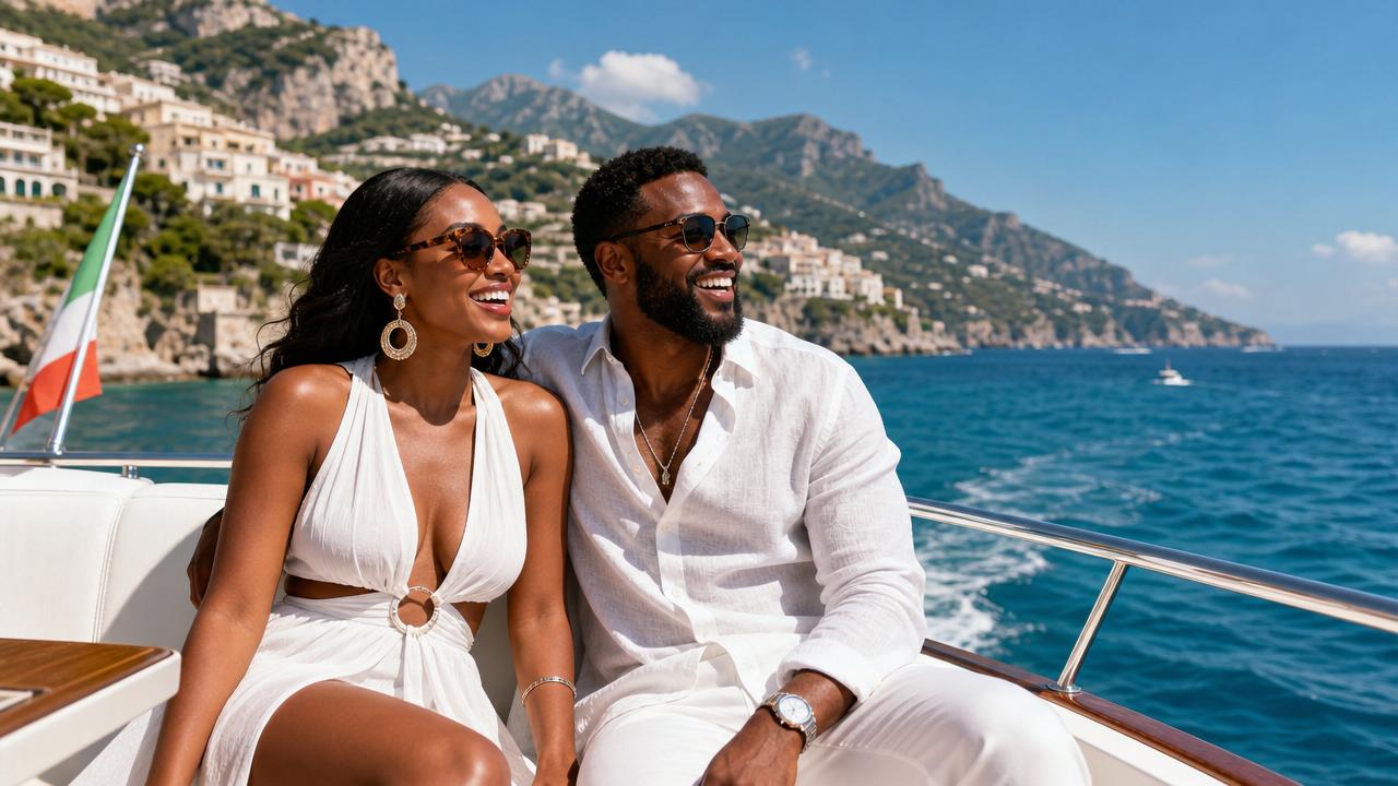 Black couple enjoying a private yacht charter on the Amalfi Coast